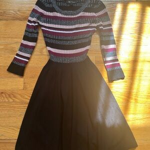 BCX Black and Berry Striped Ribbed Fit-and-Flare Dress